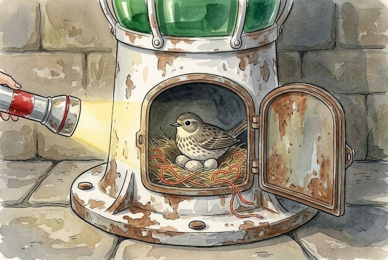 The same page redrawn: the bird on her nest inside the lamp, lit by a torch, and no words in the picture.
