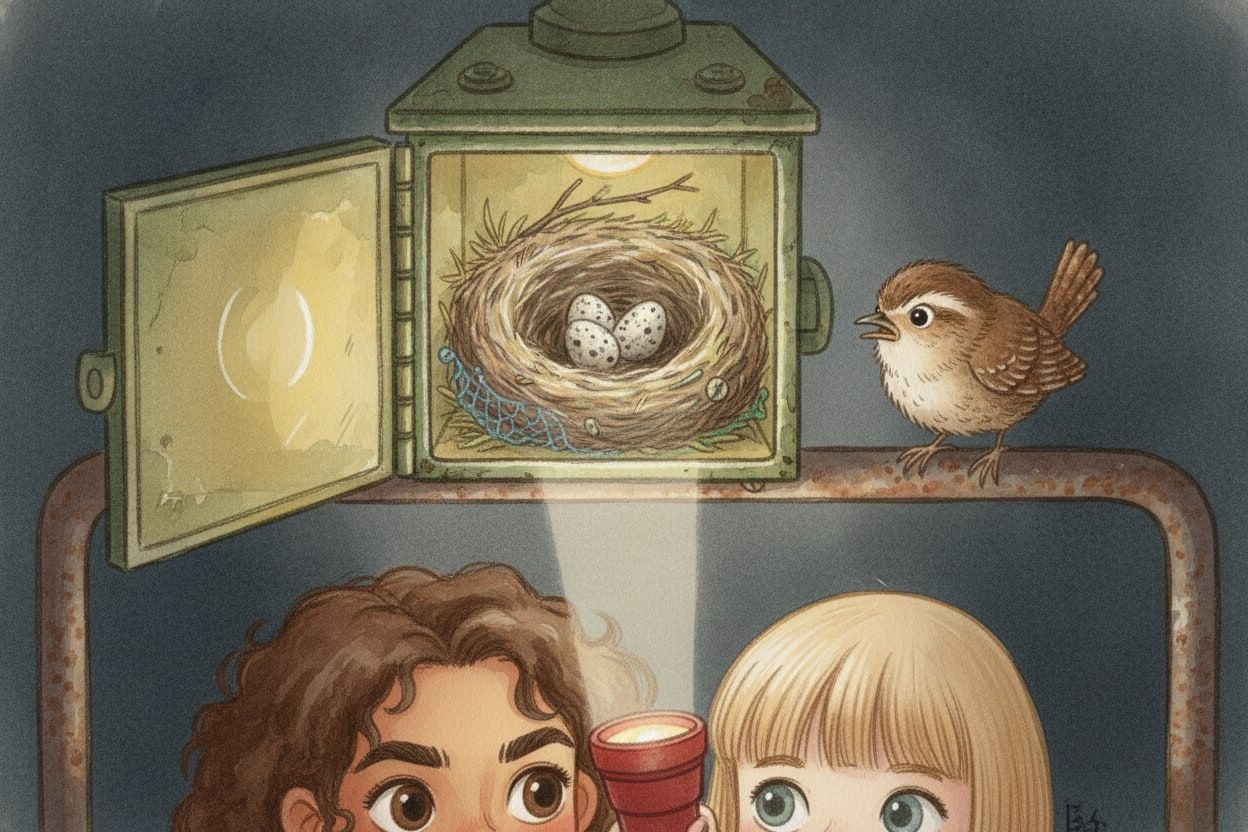 Inside the lamp housing sits a small nest with speckled eggs, a wren perched beside it, as Rosie and Lucas peer in with the torch.