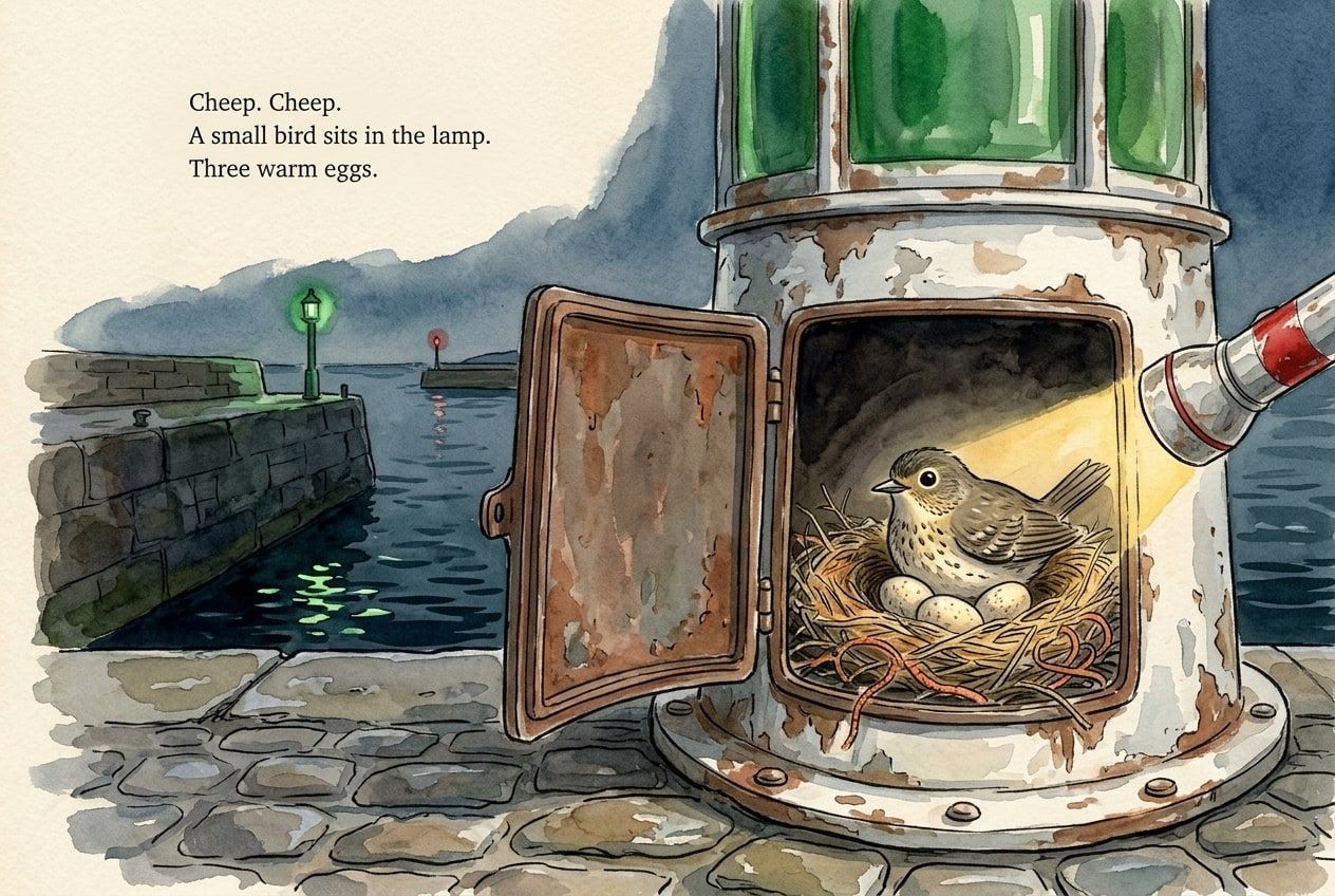 The first drawing of the age 3 nest page, with the words of the page lettered into the picture.