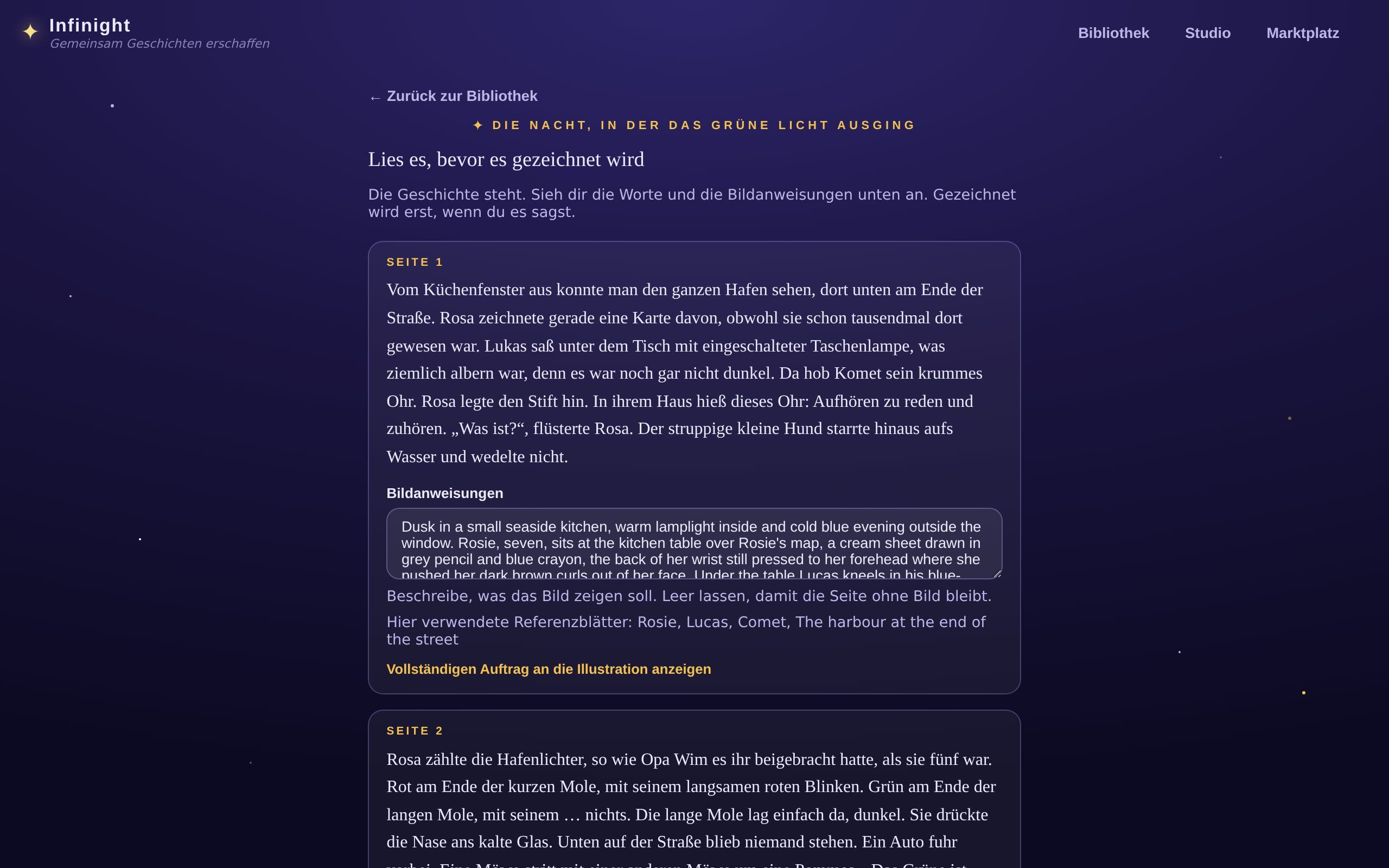 Den Entwurf eines Hafenbuchs lesen, bevor etwas gezeichnet ist: der Text von Seite eins und darunter der Auftrag an die Illustration, den du ändern kannst.