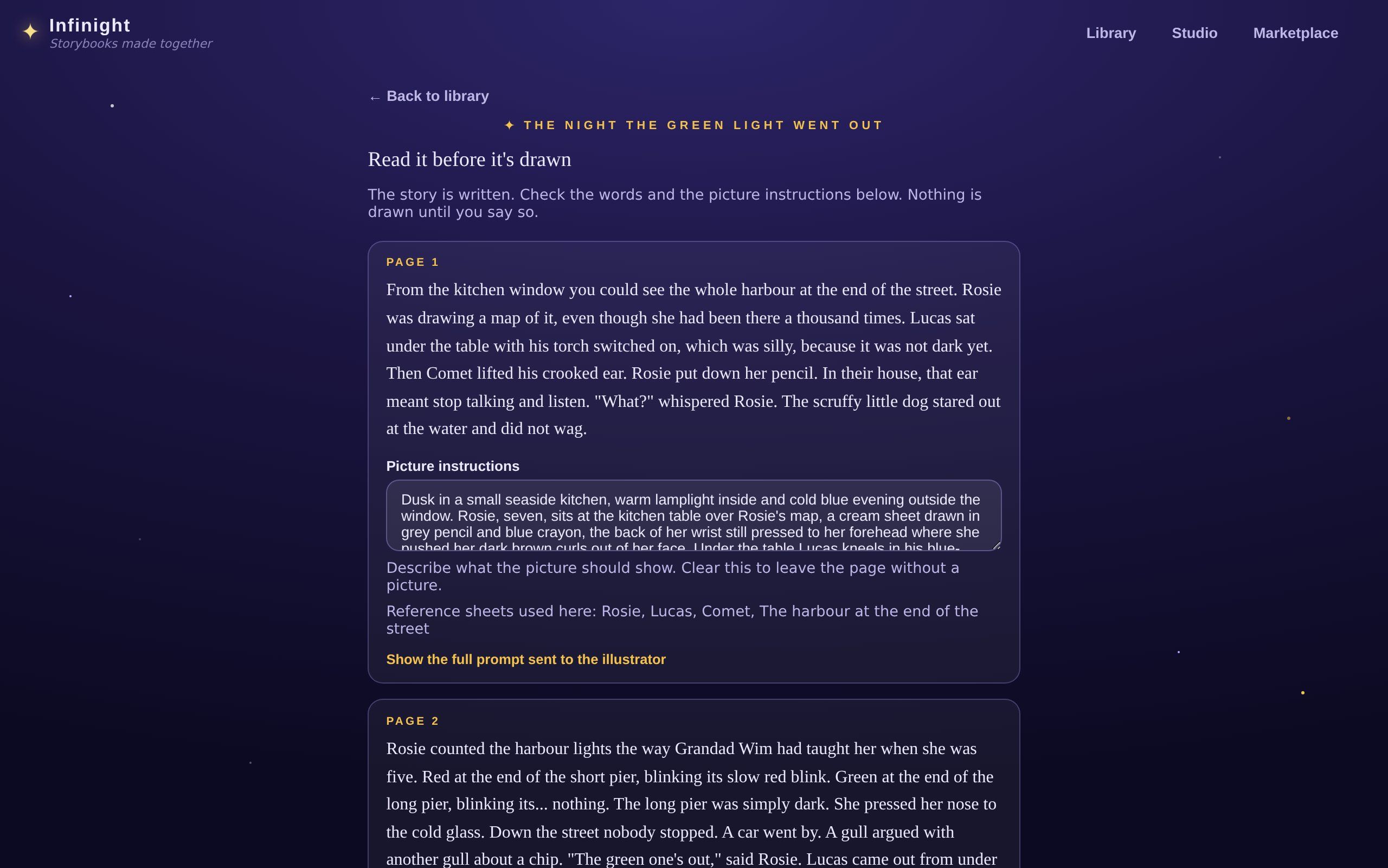 Reviewing the draft of a harbour book before anything is drawn: page one's text, and under it the instruction the illustrator will get, which you can change.