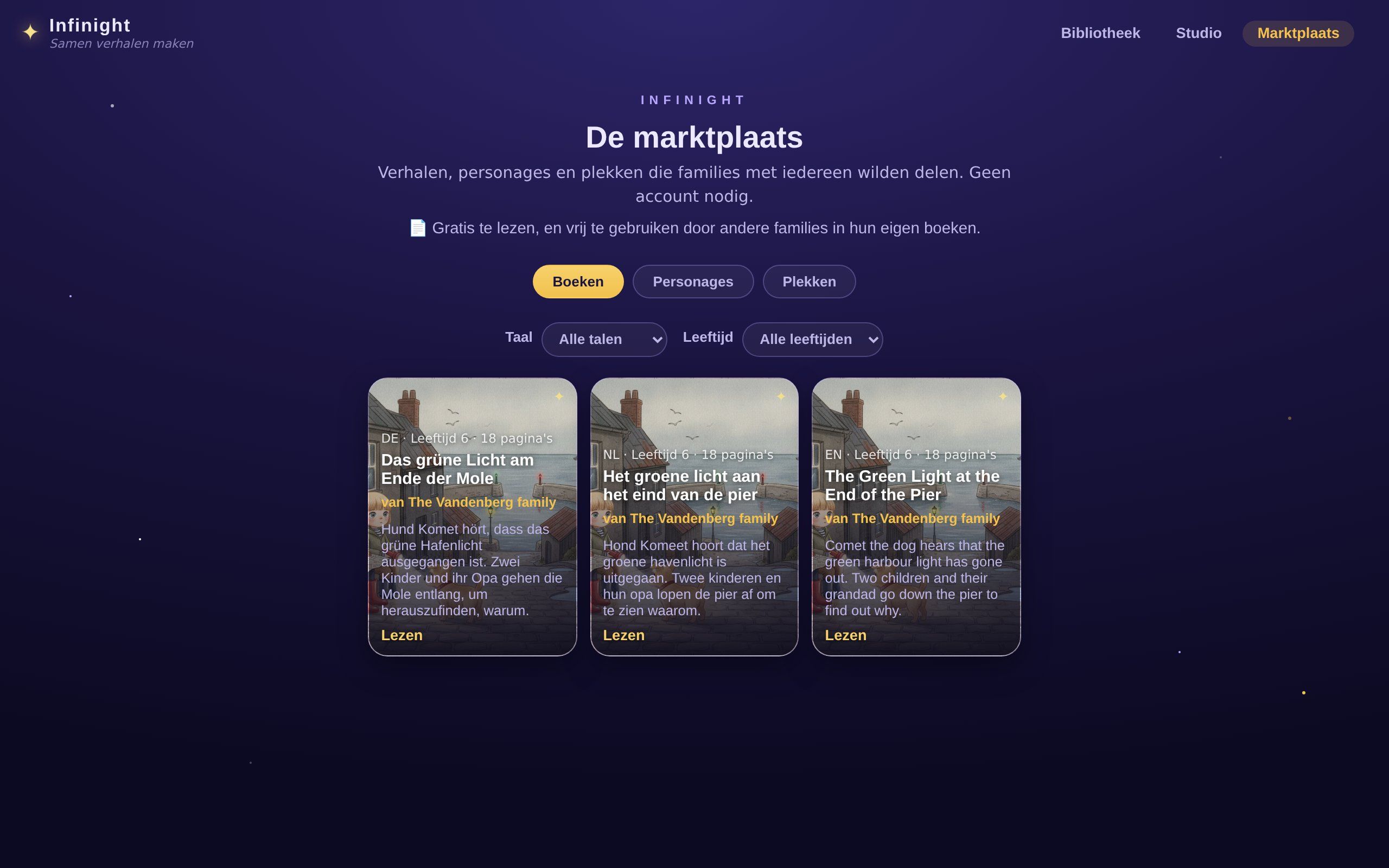 De openbare bibliotheek: het havenboek in het Duits, Nederlands en Engels, elk met een korte beschrijving en een knop om te lezen, zonder account.