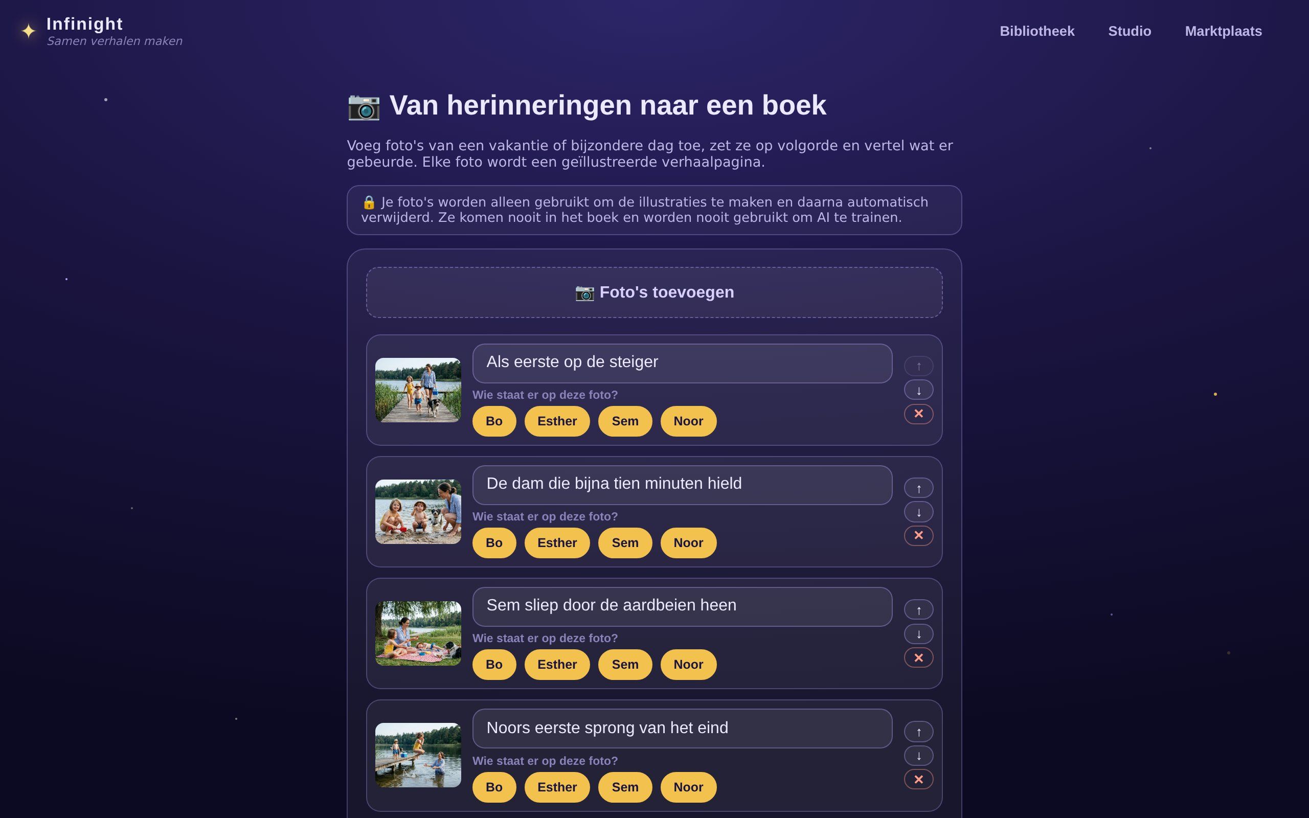 Een herinneringsboek maken van vijf gegenereerde vervangfoto's van een verzonnen gezin aan een meer: bij elke foto een bijschrift, en wie erop staat aangevinkt.