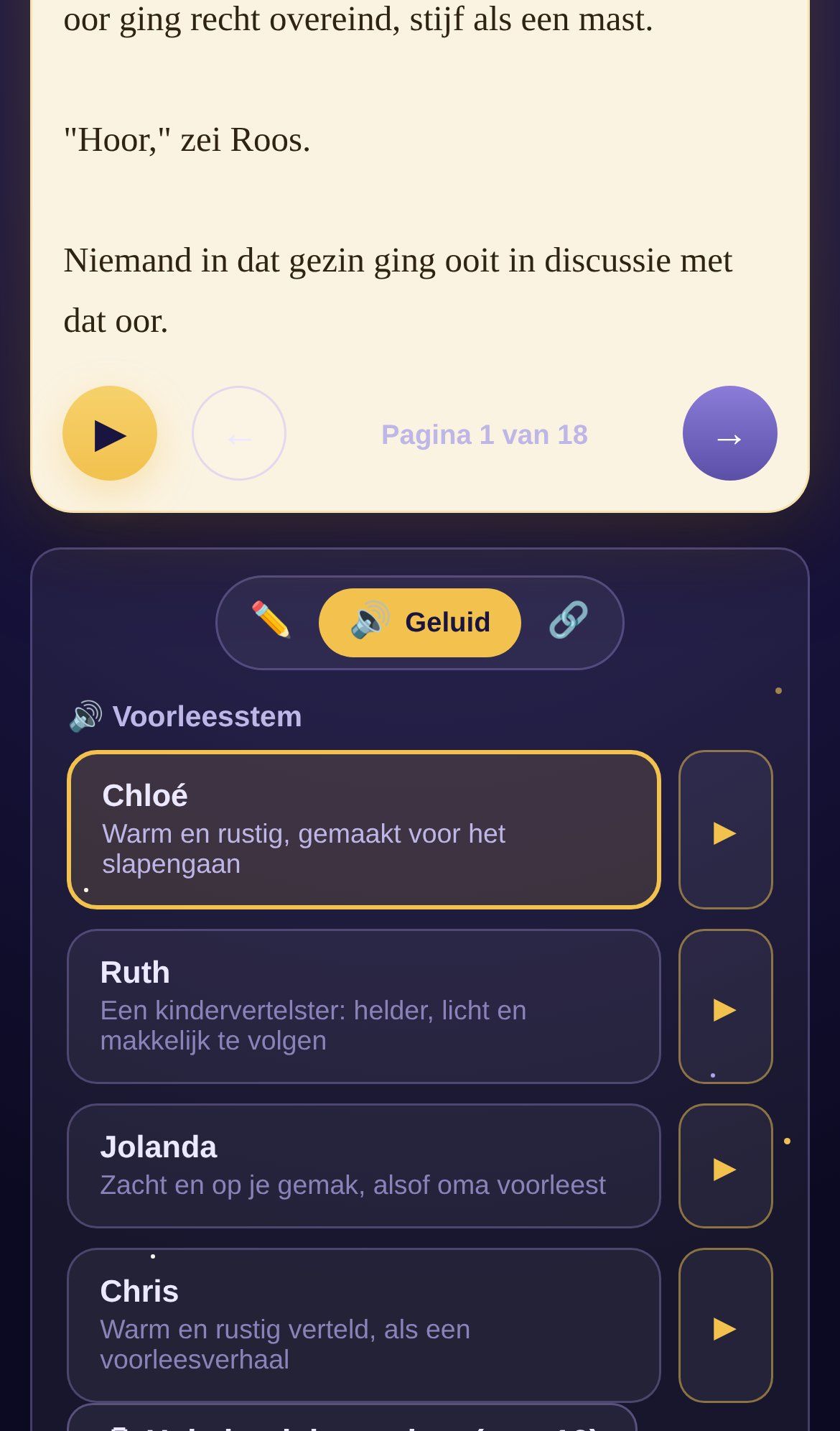 De geluidslade onder een bladzijde van het havenboek op een telefoon, met een verteller gekozen en een knop om een voorbeeld te horen.