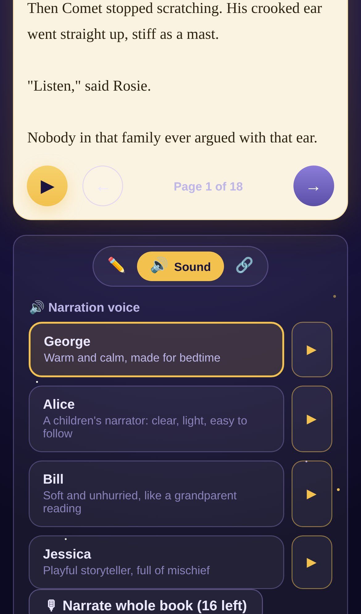 The sound drawer under a page of the harbour book on a phone, with George, the bedtime narrator, selected and a button to hear a sample.