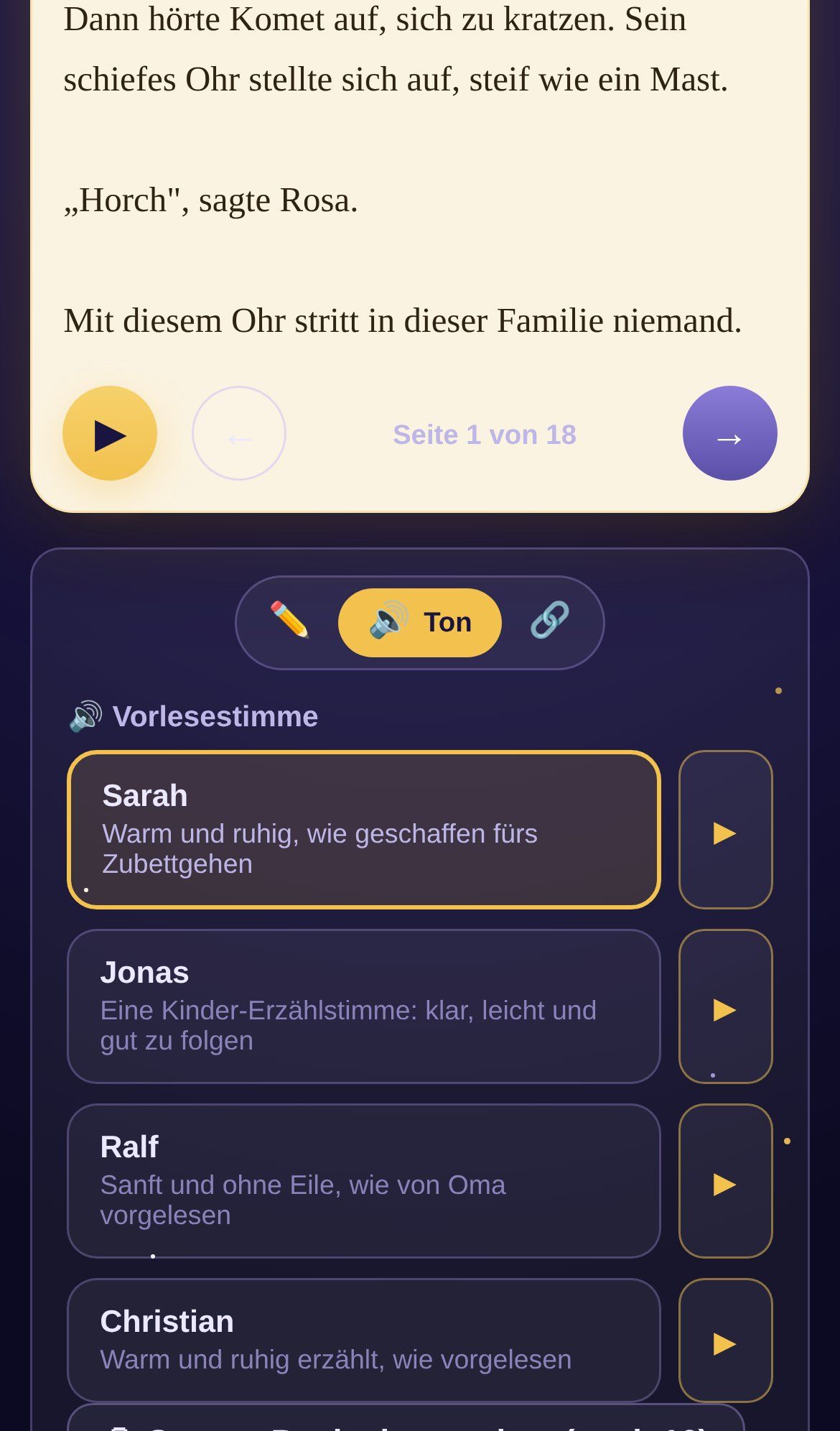 Die Klangschublade unter einer Seite des Hafenbuchs auf einem Handy, mit einer gewählten Erzählstimme und einer Taste für eine Hörprobe.