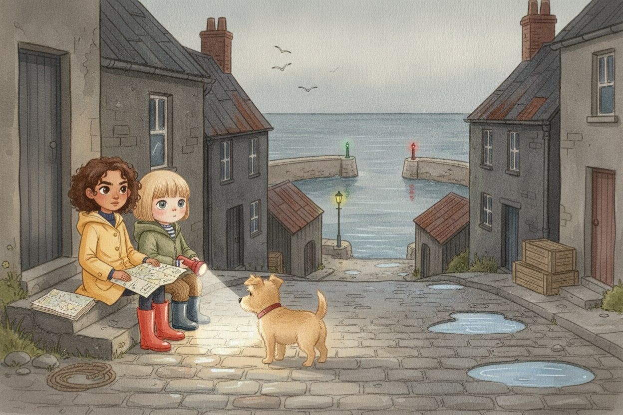 Rosie in a yellow raincoat and Lucas with his torch sit on a doorstep with a map, while Comet the dog looks up at them. The cobbled street runs down to a harbour with a green light and a red light at the ends of the piers.