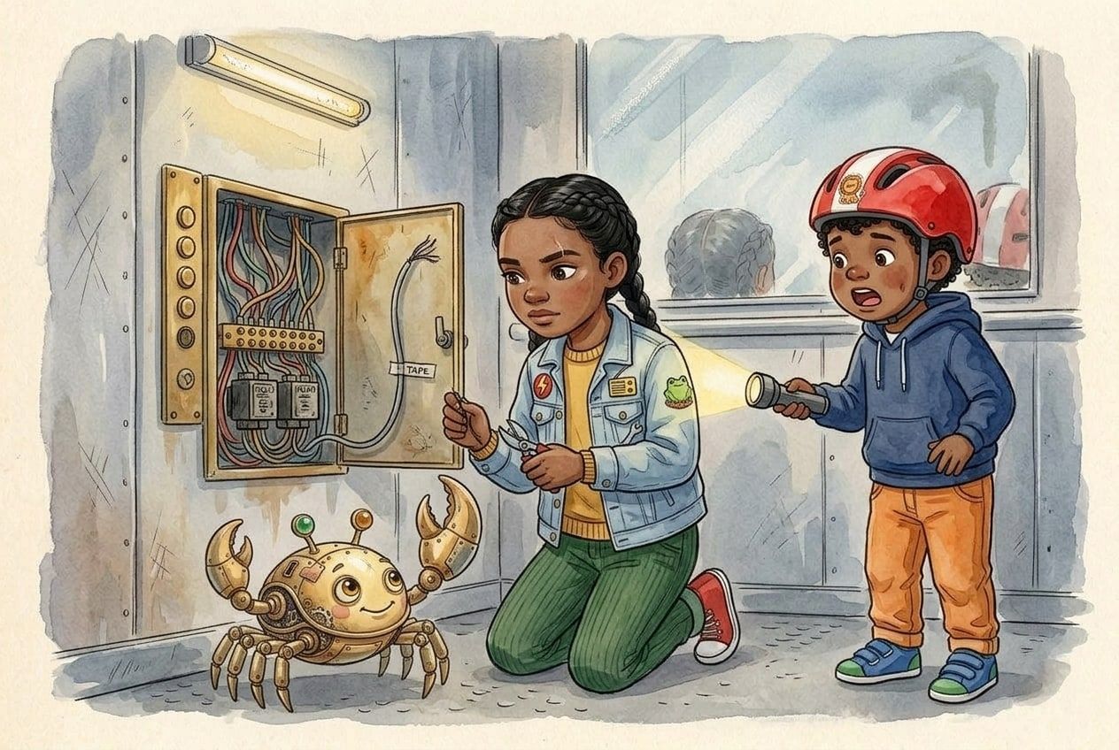 Ada kneels at an open panel of old wires, Tobi lights it with a torch, and the brass crab looks up.