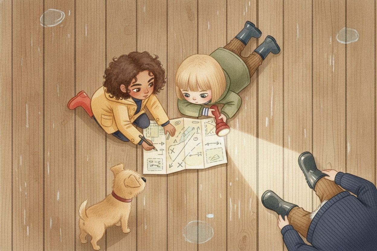 Seen from above, Rosie and Lucas lie on a wooden floor over a hand-drawn map, Lucas shining his torch on it while Comet sniffs at the corner.
