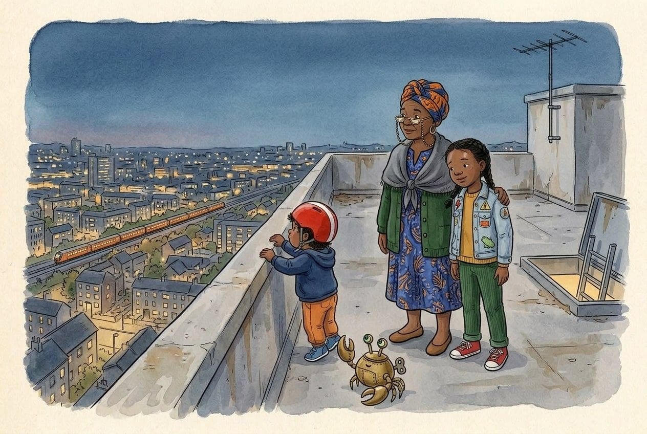 At night on the roof of the tower block, Tobi leans on the wall above the city lights while Grandma Ify and Ada stand by the open hatch, the crab at their feet.