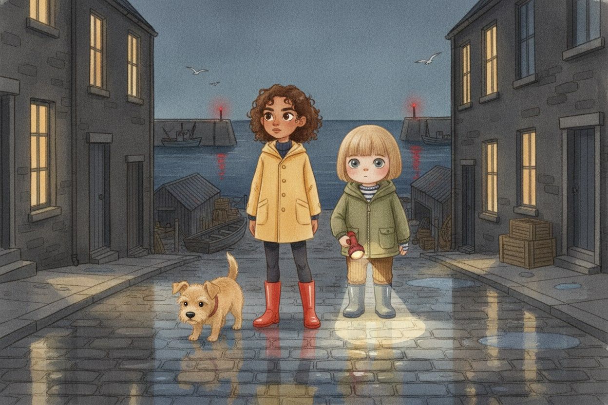 Rosie and Lucas stand in a wet street at dusk in their raincoats and wellies, Comet beside them, the harbour lights glowing behind.