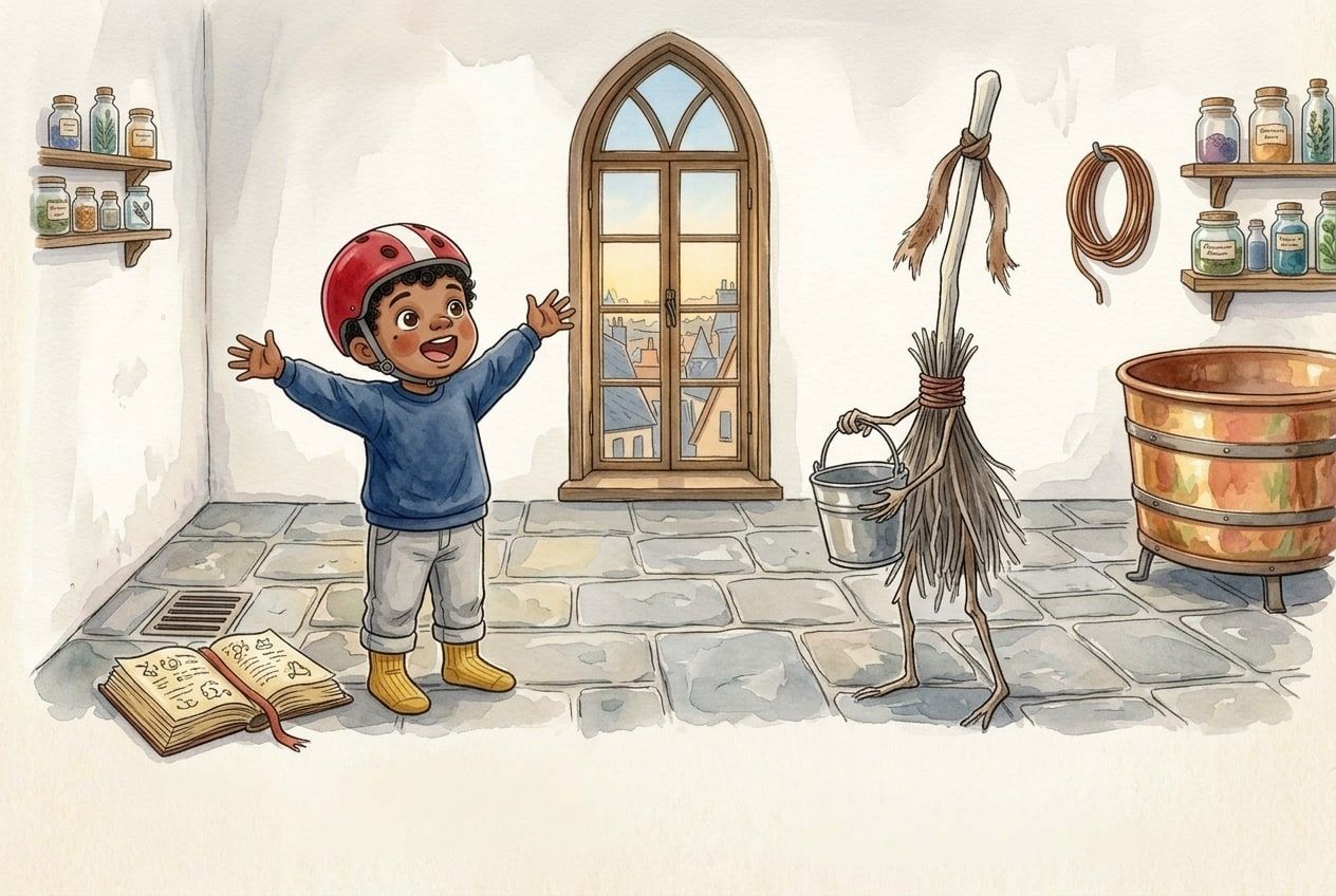 In a stone workshop at the top of a tower block, a small boy in a red bicycle helmet cheers as an old broom sprouts twig legs and picks up a bucket.