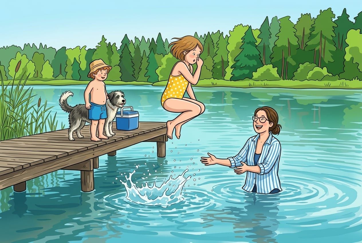 The same moment as a bright cartoon: clean outlines and clear colours, the girl mid-jump, her mum in the lake, her brother and the dog on the jetty.