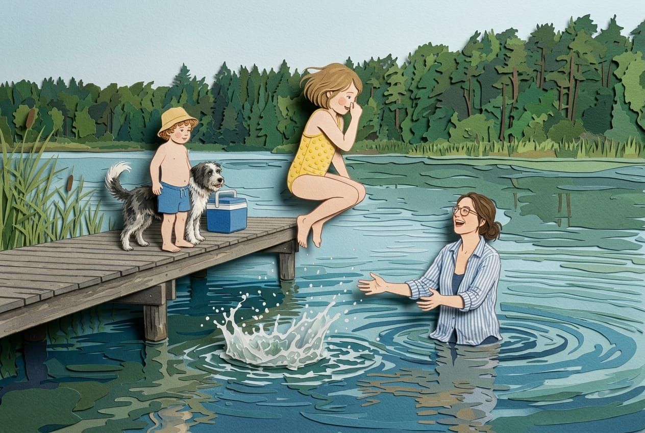The same moment as a paper-cut collage: layered paper shapes for the jetty, the trees and the water, the girl mid-jump and her mum laughing below.