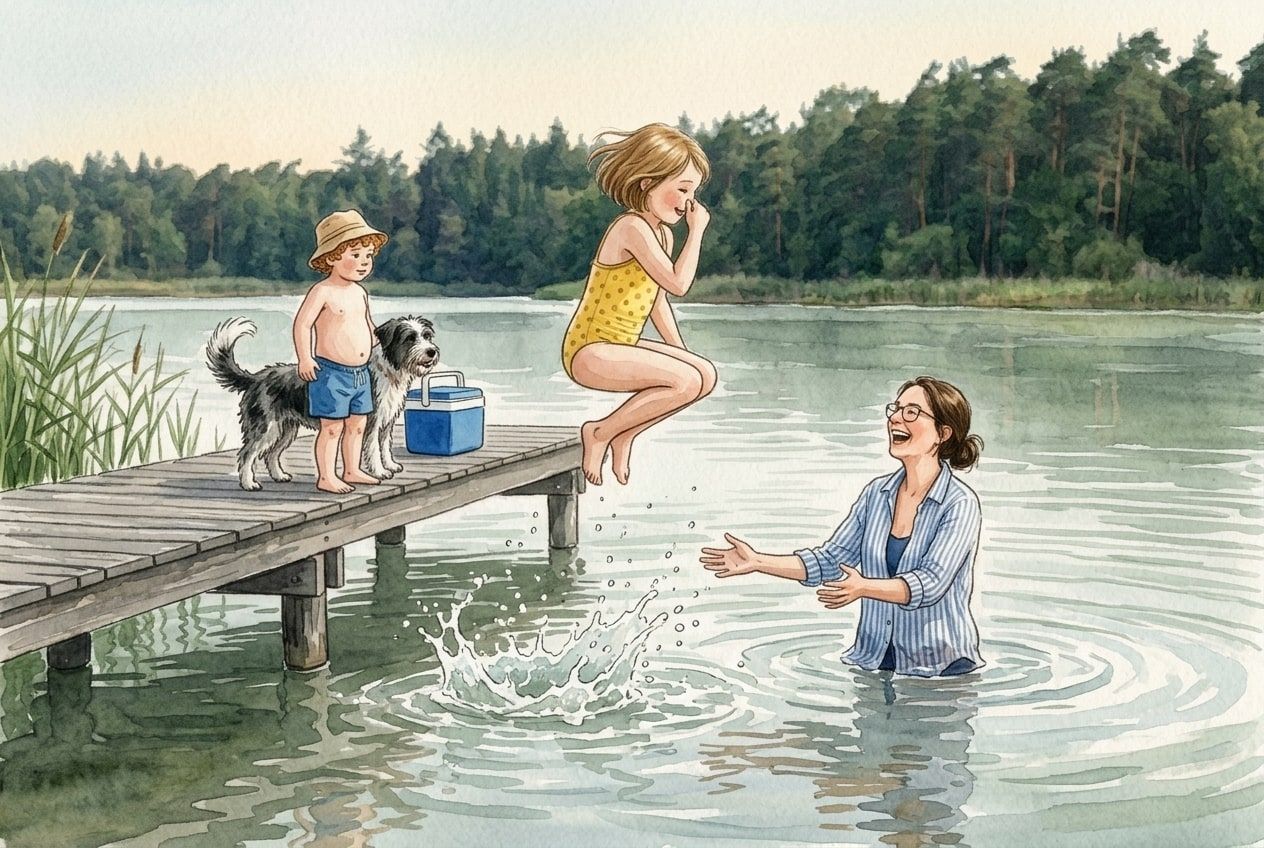 The same moment as a watercolour page: the girl mid-jump above the splash, her mum laughing in the water, her brother and the dog beside the cool box on the jetty.