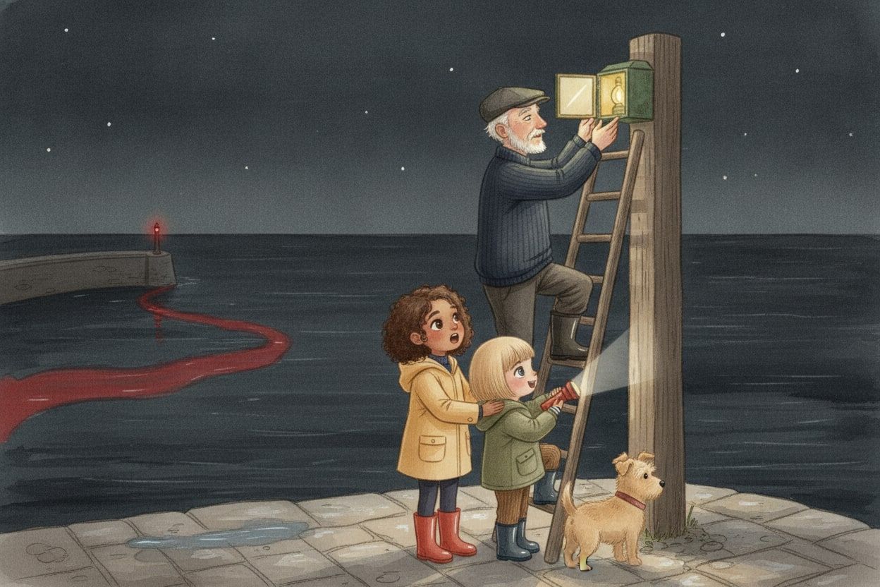 At night Grandad Wim climbs a ladder to open the dark green harbour light, while Rosie, Lucas and Comet watch from the pier below.