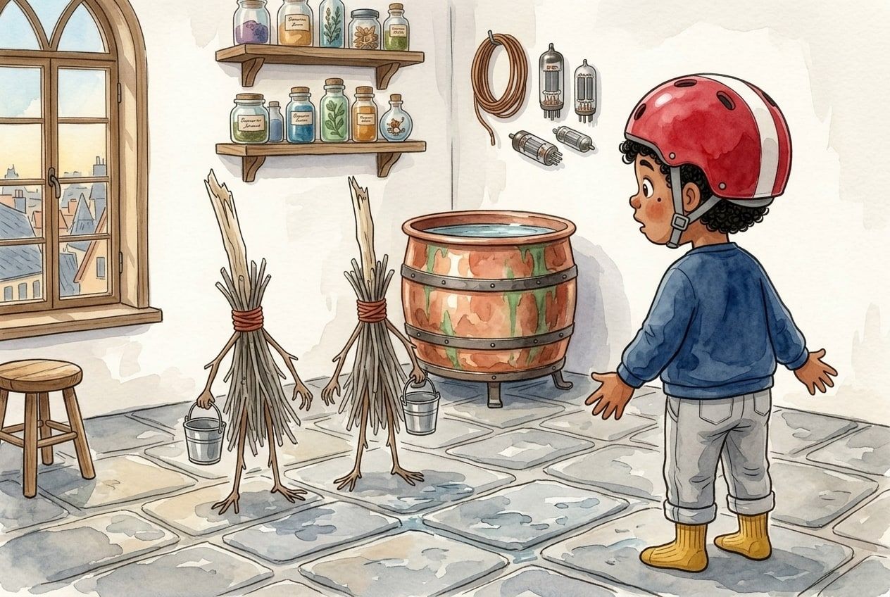 The boy stares at two brooms, each with a bucket, beside a copper tank filled to the brim.