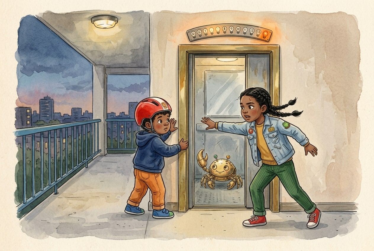 Tobi in his red helmet and Ada in her denim jacket wait by a lift on a tower-block walkway at dusk, a small brass crab between them.