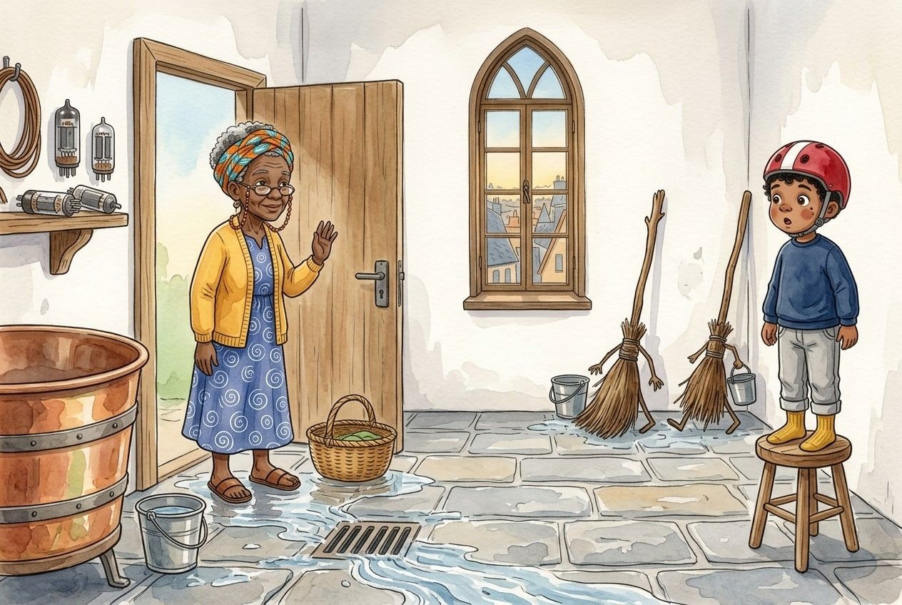 Grandma comes back through the door in her headwrap and yellow cardigan; the boy stands on a stool above the wet floor and the two brooms lean quietly by the wall.