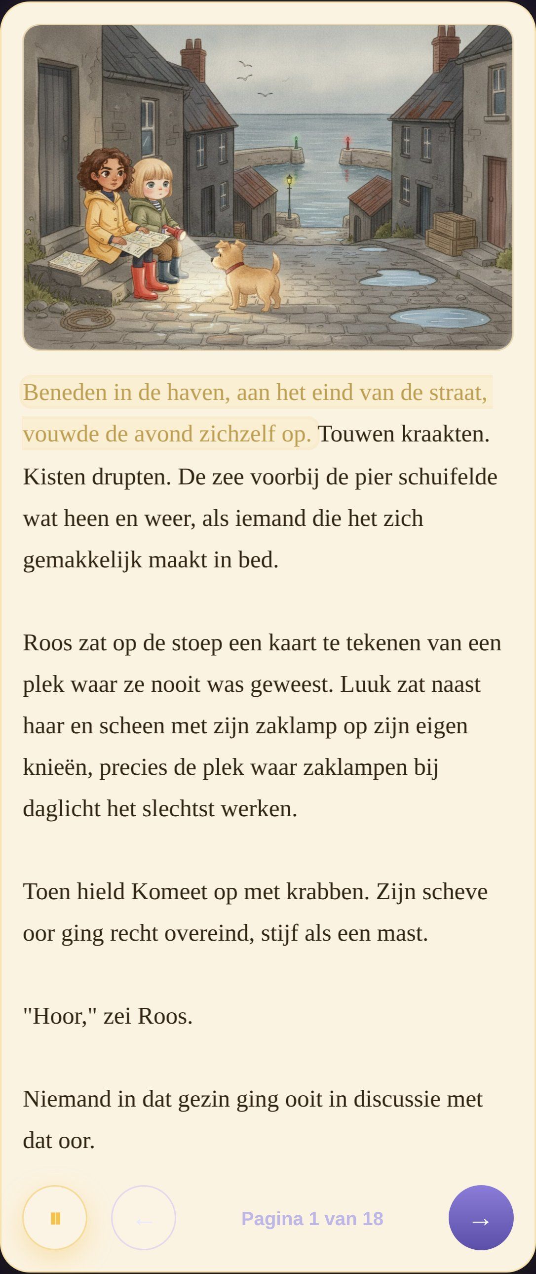 Een telefoon met bladzijde één van het havenboek die wordt voorgelezen, de zin die klinkt gemarkeerd en de pauzeknop aan.