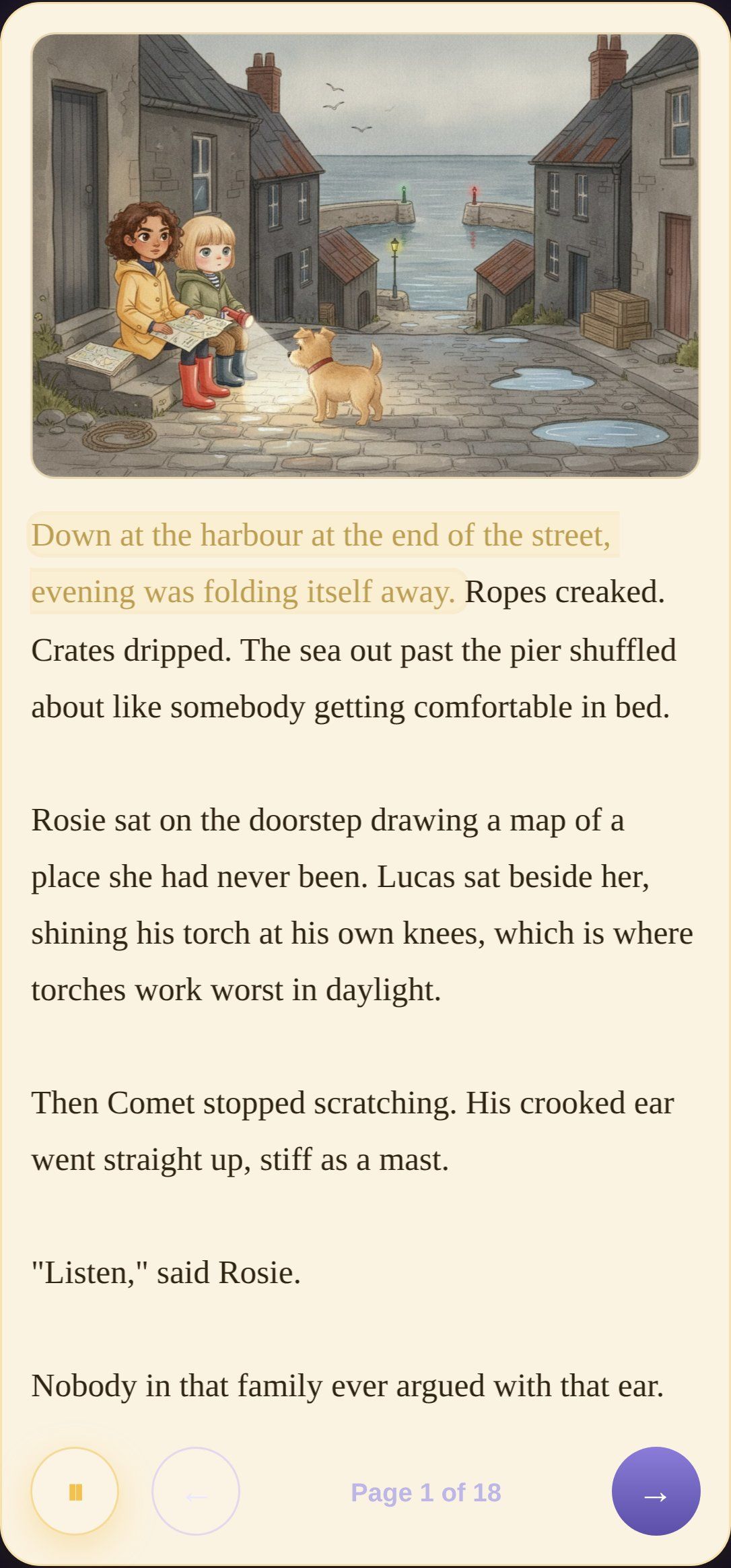 A phone showing page one of the harbour book being read aloud, the sentence being read highlighted and the pause button lit.
