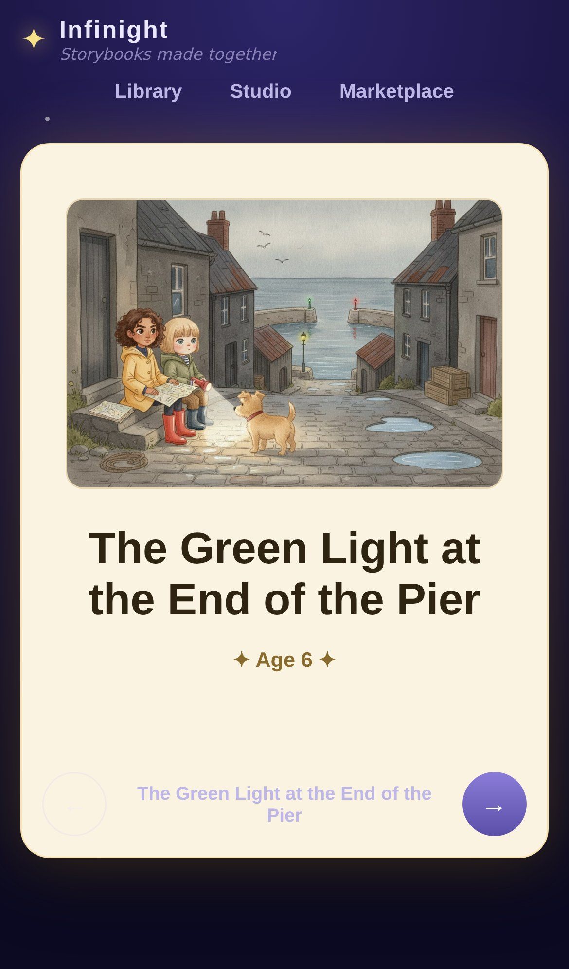 The harbour book opened from a share link on a phone, no account needed: the cover with its title and the children and their dog.