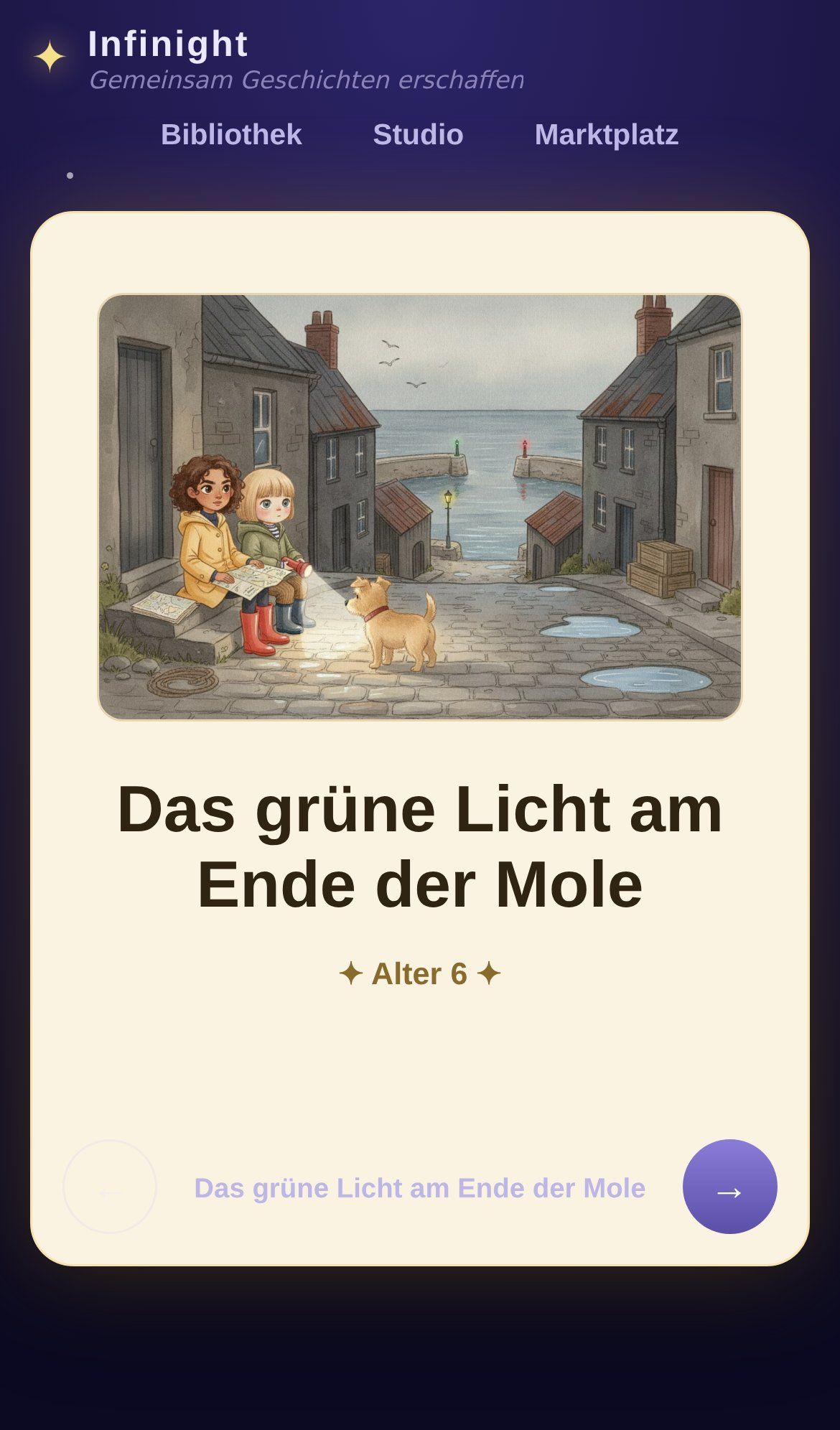 Das Hafenbuch, über einen Link auf einem Handy geöffnet, ohne Konto: das Cover mit dem Titel, den Kindern und ihrem Hund.