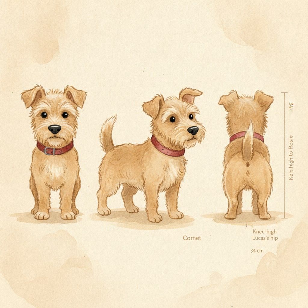 Reference sheet for Comet: a small sand-coloured terrier with one ear up, from the front, the side and behind.