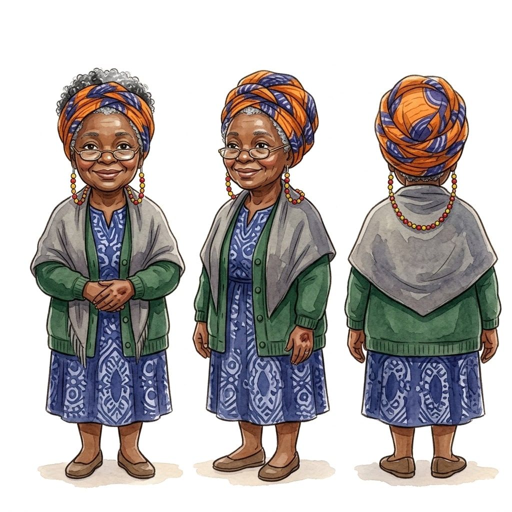 Reference sheet for Grandma Ify: front, side and back views in her orange headwrap, grey shawl and blue patterned dress.