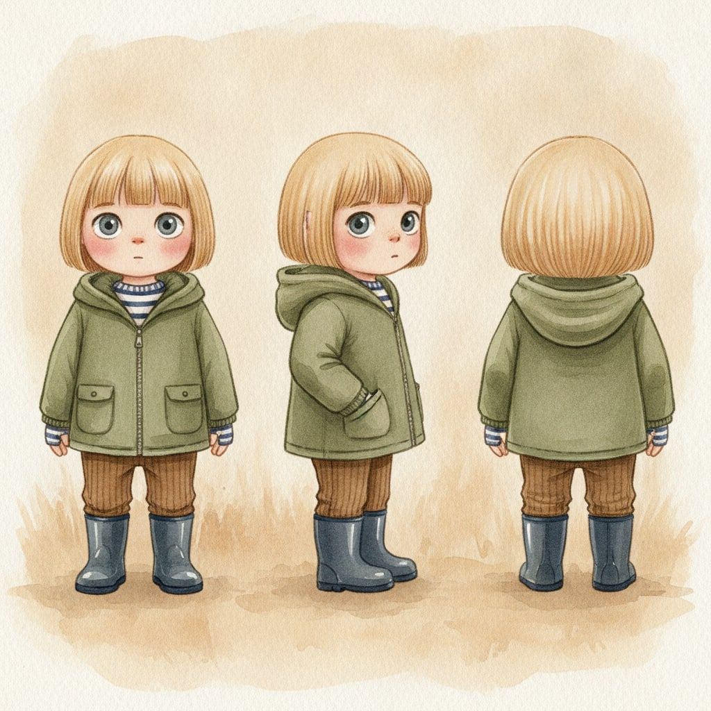 Reference sheet for Lucas: front, side and back views in his green coat, striped jumper and blue wellies.