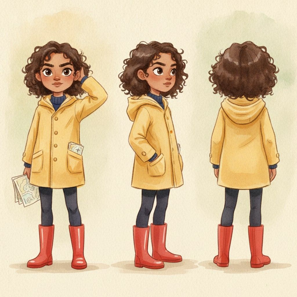 Reference sheet for Rosie: front, side and back views in her yellow raincoat and red wellies.
