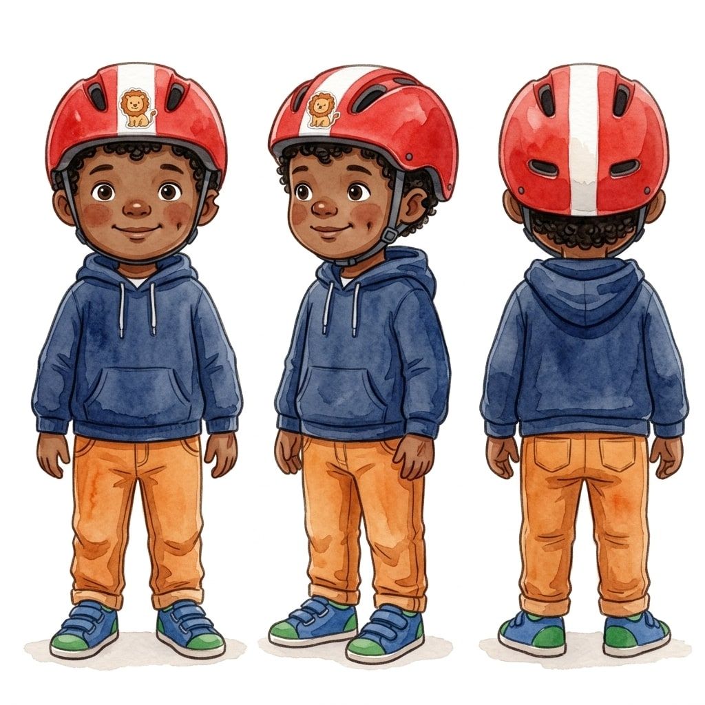 Reference sheet for Tobi: front, side and back views in his red bicycle helmet, blue hoodie and orange trousers.