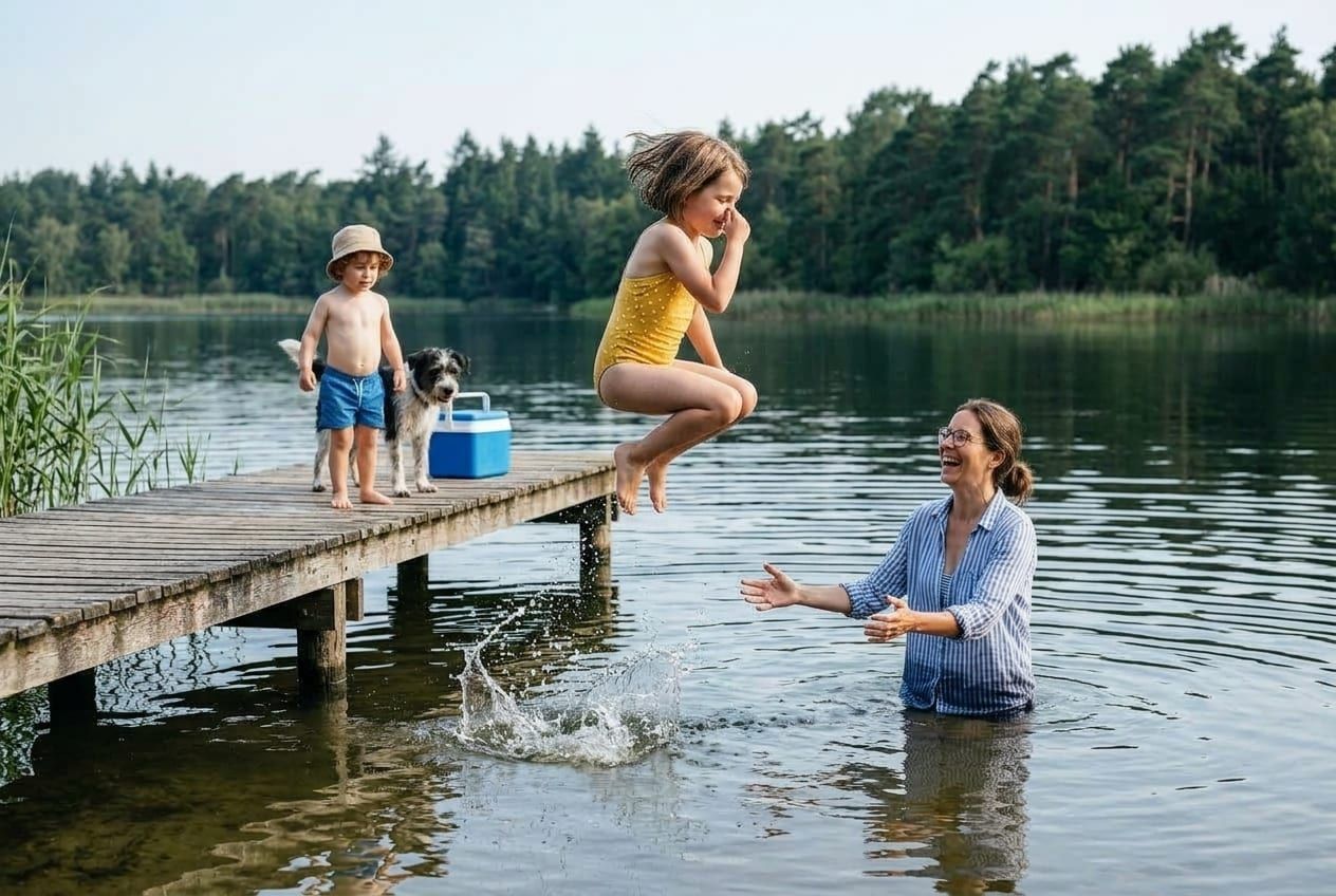 A generated stand-in photo: a girl in a yellow swimsuit jumps off the end of a wooden jetty holding her nose, while her mum stands waist-deep in the lake with her arms open and her little brother and their dog watch from the jetty.